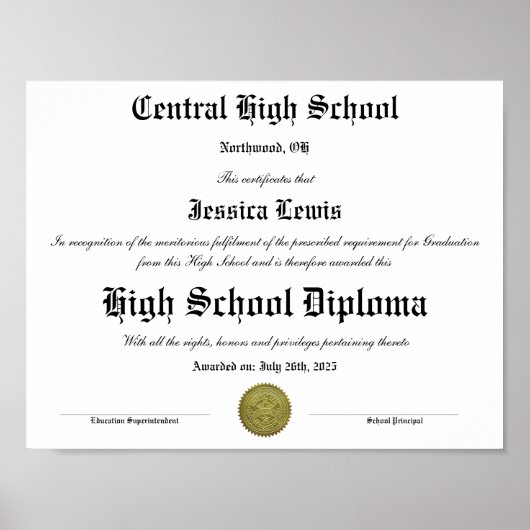 Graduation High School Graduate Diploma Poster (Voorkant)