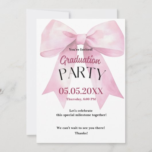 Graduation Invitation • Pink Bow Party  Kaart (Voorkant)