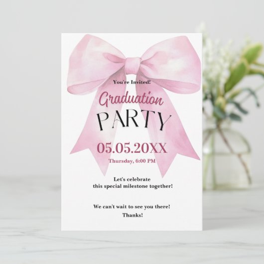 Graduation Invitation • Pink Bow Party  Kaart (Staand voorkant)