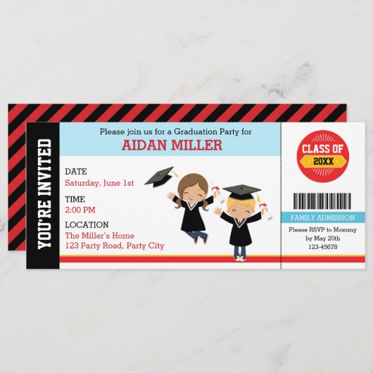 Graduation Invitation Ticket Style with Boy Girl Kaart (Voorkant / Achterkant)