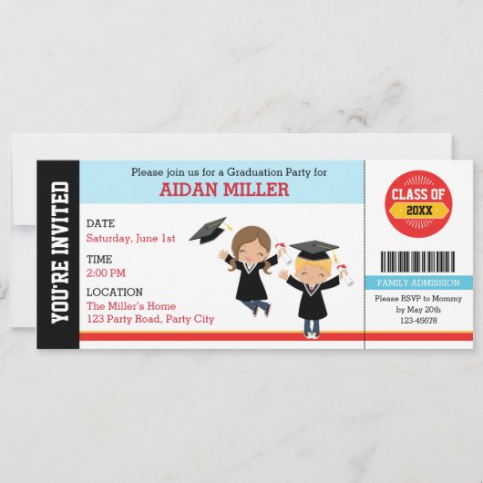 Graduation Invitation Ticket Style with Boy Girl Kaart (Voorkant)