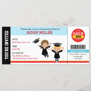 Graduation Invitation Ticket Style with Boy Girl Kaart
