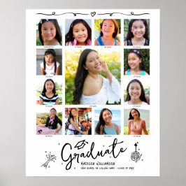Graduation K–12 Photo Collage White Black Doodles Poster