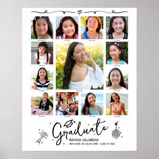 Graduation K–12 Photo Collage White Black Doodles Poster (Voorkant)