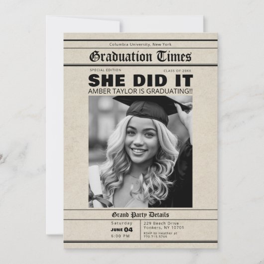 Graduation Newspaper She Did It B&W Photo Kaart (Voorkant)