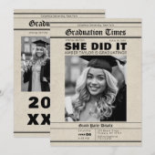 Graduation Newspaper She Did It B&W Photo Kaart (Voorkant / Achterkant)