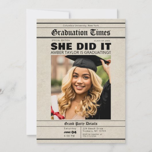 Graduation Newspaper She Did It Photo Kaart (Voorkant)
