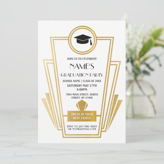 Graduation Party (1920) Art Deco Invite Gatsby Gol Kaart (Staand voorkant)