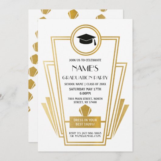 Graduation Party (1920) Art Deco Invite Gatsby Gol Kaart (Voorkant / Achterkant)
