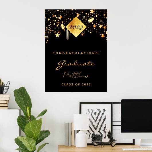Graduation party 2023 black gold stars afstuderen poster (Thuiskantoor)