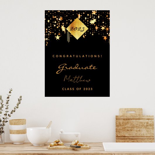 Graduation party 2023 black gold stars afstuderen poster (Keuken)