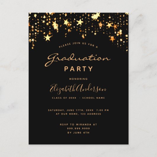 Graduation party 2023 black gold stars briefkaart (Voorkant)