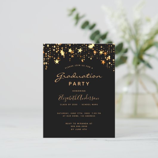 Graduation party 2023 black gold stars briefkaart (Staand voorkant)