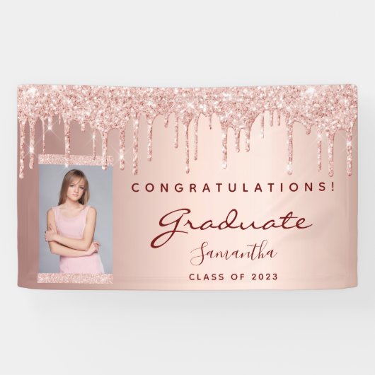 Graduation party 2023 foto roos goudglitter drip spandoek (Horizontaal)
