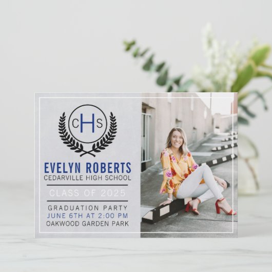 Graduation Party 2023 Monogram Blue Kaart (Staand voorkant)