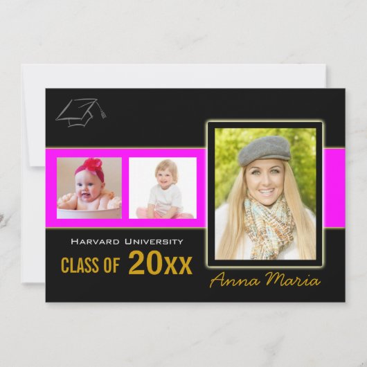 Graduation Party 3 Foto's roze Uitnodiging (Voorkant)