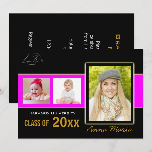 Graduation Party 3 Foto's roze Uitnodiging (Voorkant / Achterkant)