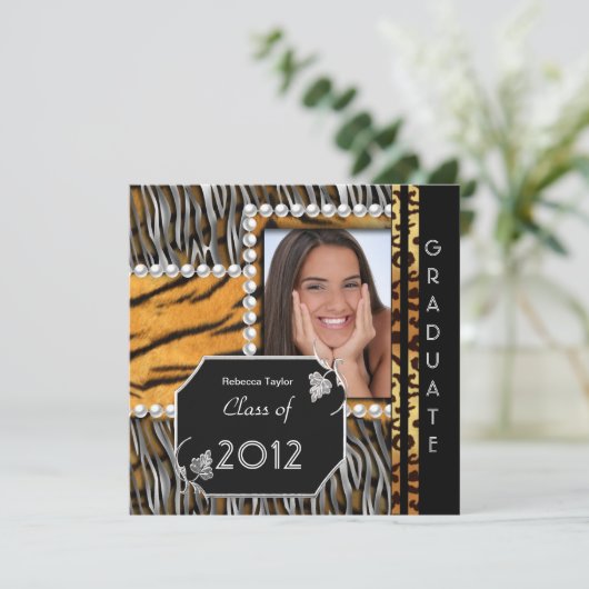 Graduation Party Afstudeerder Black Silver Leopard Kaart (Staand voorkant)