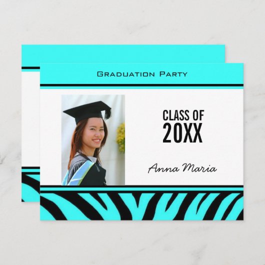 Graduation Party Aqua Zebra Invitation Kaart (Voorkant / Achterkant)