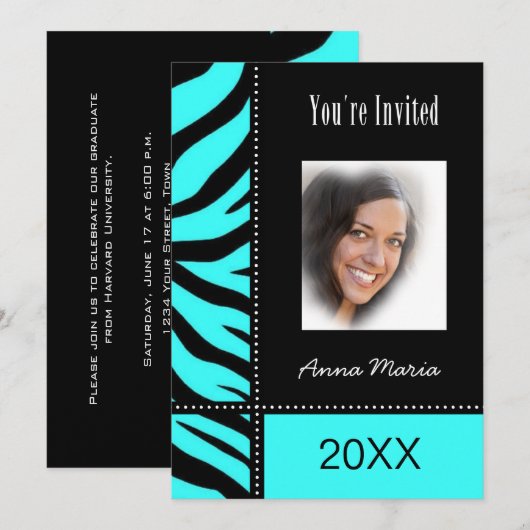 Graduation Party Aqua Zebra Invitation Kaart (Voorkant / Achterkant)