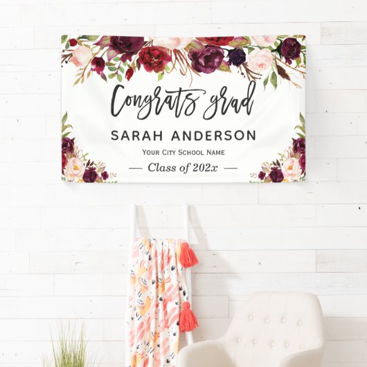 Graduation Party Banner - Rustic Burgundy Floral (Insitu)