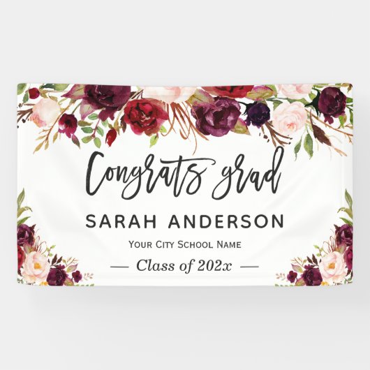 Graduation Party Banner - Rustic Burgundy Floral (Horizontaal)