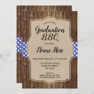 Graduation Party BBQ nodigt Blue Gingham Burlap ui Kaart