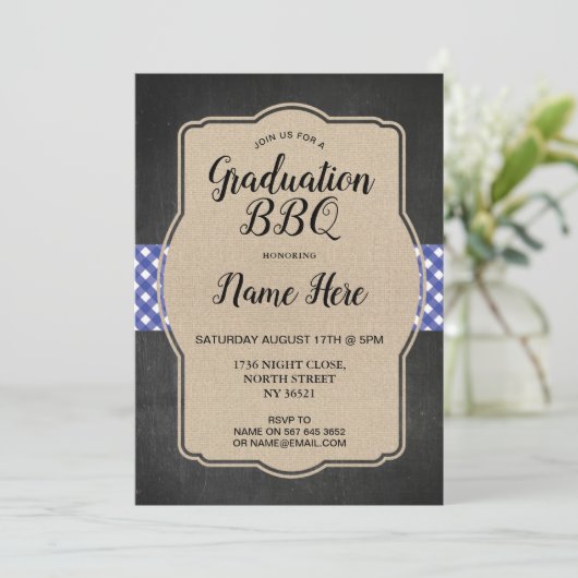 Graduation Party BBQ nodigt Blue Gingham Burlap ui Kaart (Staand voorkant)