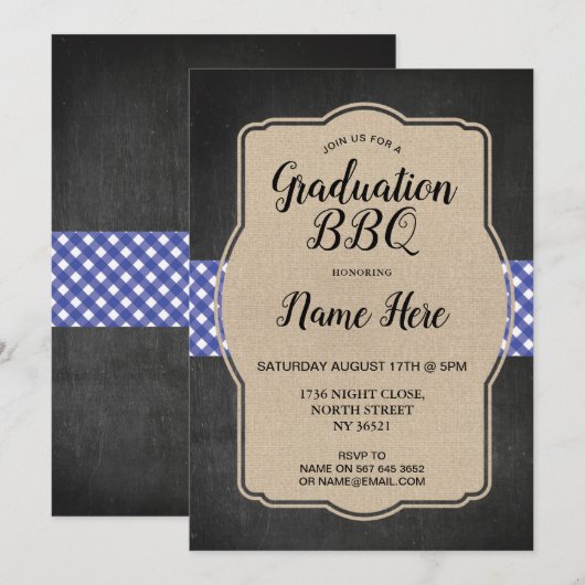 Graduation Party BBQ nodigt Blue Gingham Burlap ui Kaart (Voorkant / Achterkant)