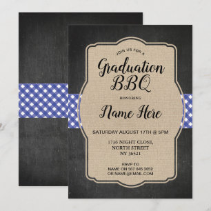 Graduation Party BBQ nodigt Blue Gingham Burlap ui Kaart