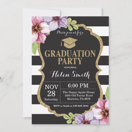Graduation Party Black and Gold Glitter Floral Kaart (Voorkant)
