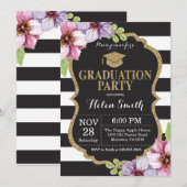 Graduation Party Black and Gold Glitter Floral Kaart (Voorkant / Achterkant)