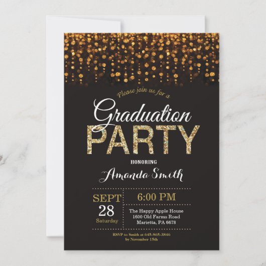 Graduation Party Black and Gold Glitter Invitation Kaart (Voorkant)
