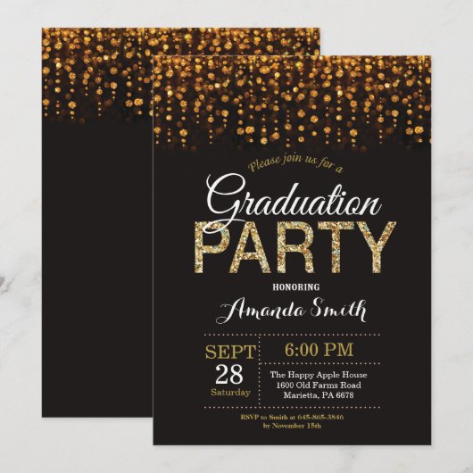 Graduation Party Black and Gold Glitter Invitation Kaart (Voorkant / Achterkant)