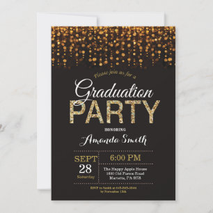 Graduation Party Black and Gold Glitter Invitation Kaart