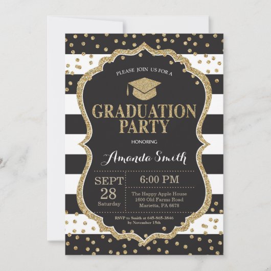 Graduation Party Black and Gold Glitter Invitation Kaart (Voorkant)