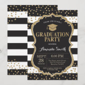 Graduation Party Black and Gold Glitter Invitation Kaart (Voorkant / Achterkant)