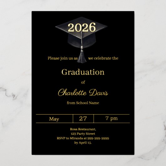 Graduation party black gold class of 2026 luxury folie uitnodiging (Voorkant)