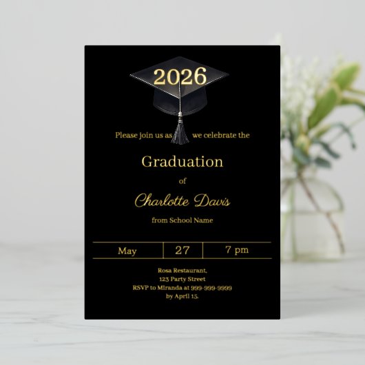 Graduation party black gold class of 2026 luxury folie uitnodiging (Staand Voorkant)