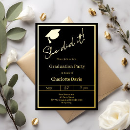 Graduation party black gold luxury She did it Folie Uitnodiging