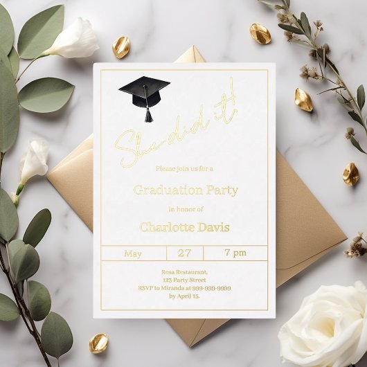Graduation party black gold  luxury She did it Folie Uitnodiging