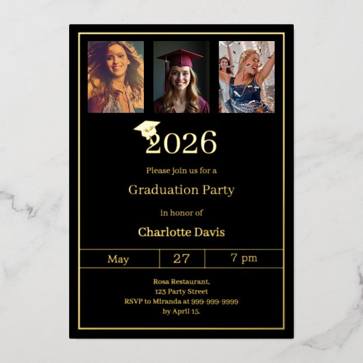 Graduation party black gold photo luxury folie uitnodiging (Voorkant)
