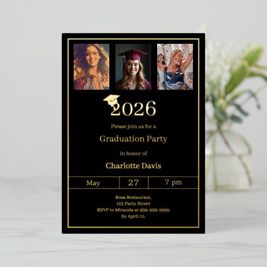 Graduation party black gold photo luxury folie uitnodiging (Staand Voorkant)