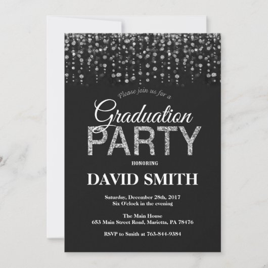 Graduation Party Black Silver Glitter Invitation Kaart (Voorkant)