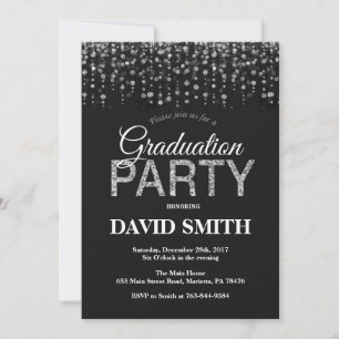 Graduation Party Black Silver Glitter Invitation Kaart
