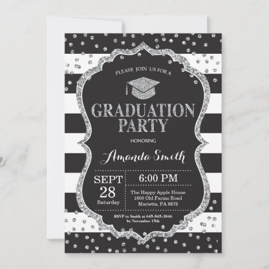 Graduation Party Black Silver Glitter Invitation Kaart (Voorkant)