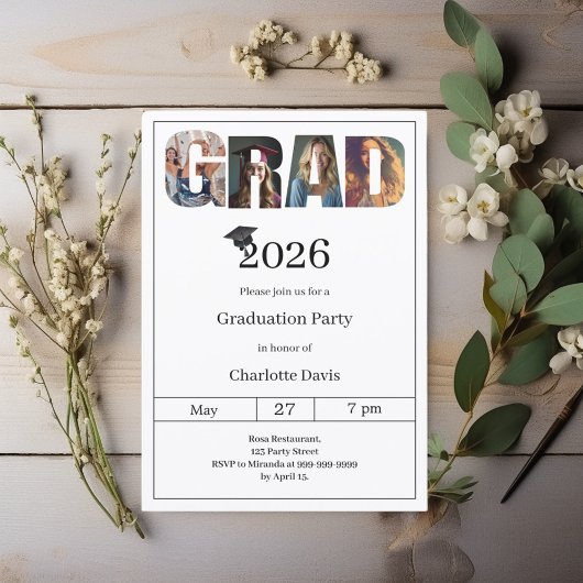 Graduation party black white grad photo kaart