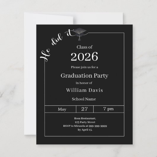 Graduation party black white He did it invitation (Voorkant)
