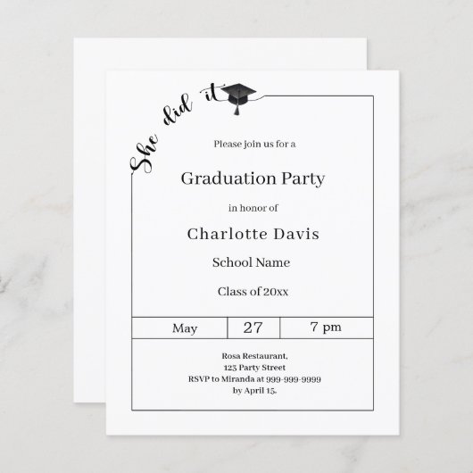 Graduation party black white She did it invitation (Voorkant / Achterkant)