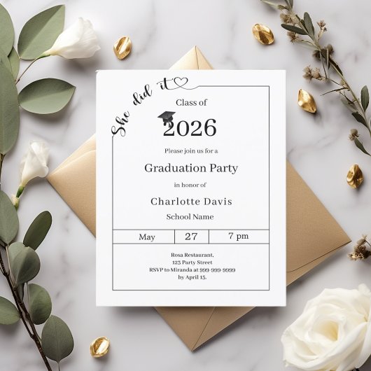 Graduation party black white She did it invitation